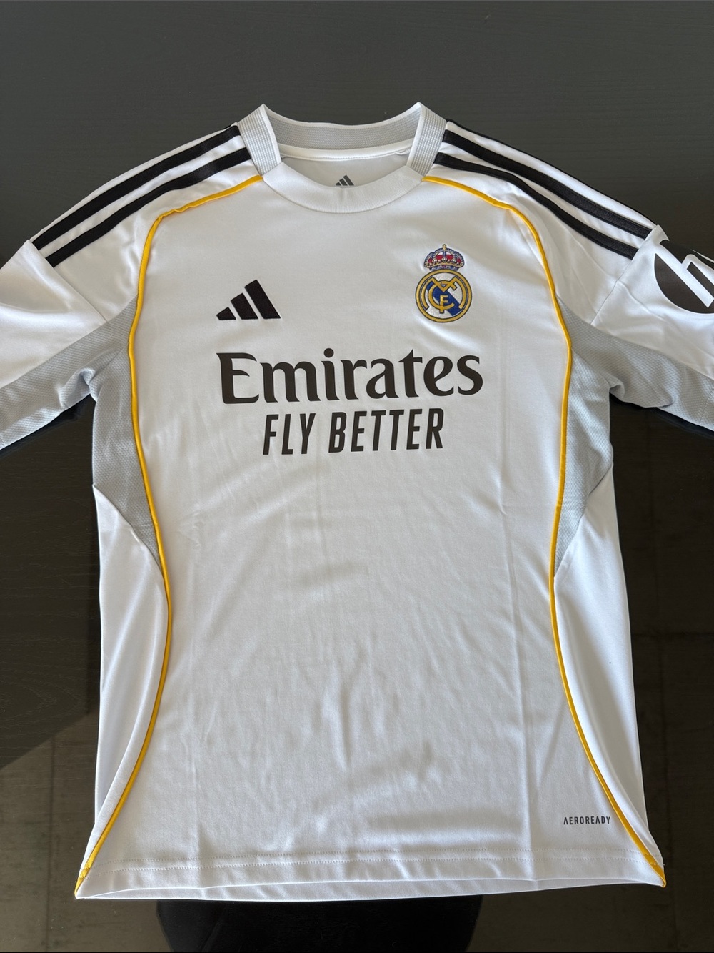 adidas Real Madrid Kids Soccer Jersey in White with Yellow Trim